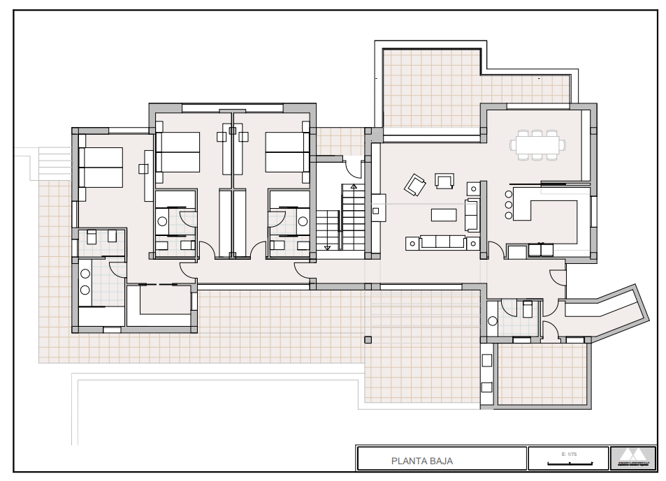 Architektonischer Grundriss des Erdgeschosses mit drei Schlafzimmern mit Bad en-suite, großem offenem Wohn-Essbereich und weitläufigen gefliesten Terrassen.