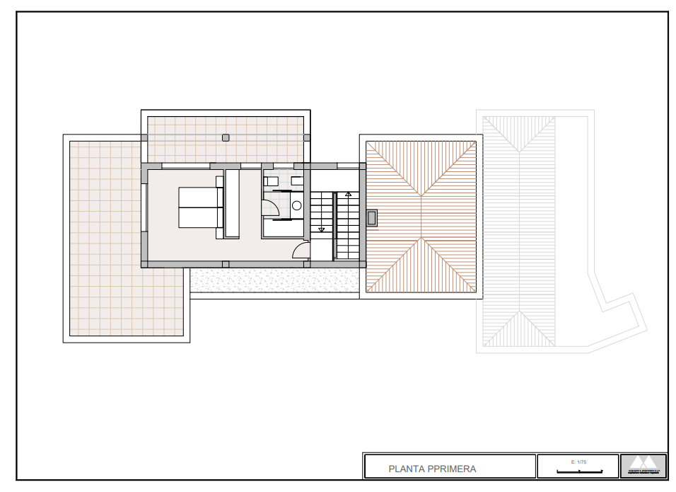 Architektonischer Grundriss des ersten Obergeschosses mit Hauptschlafzimmer, En-Suite-Badezimmer, Treppenaufgang und großzügigen privaten Terrassenflächen.