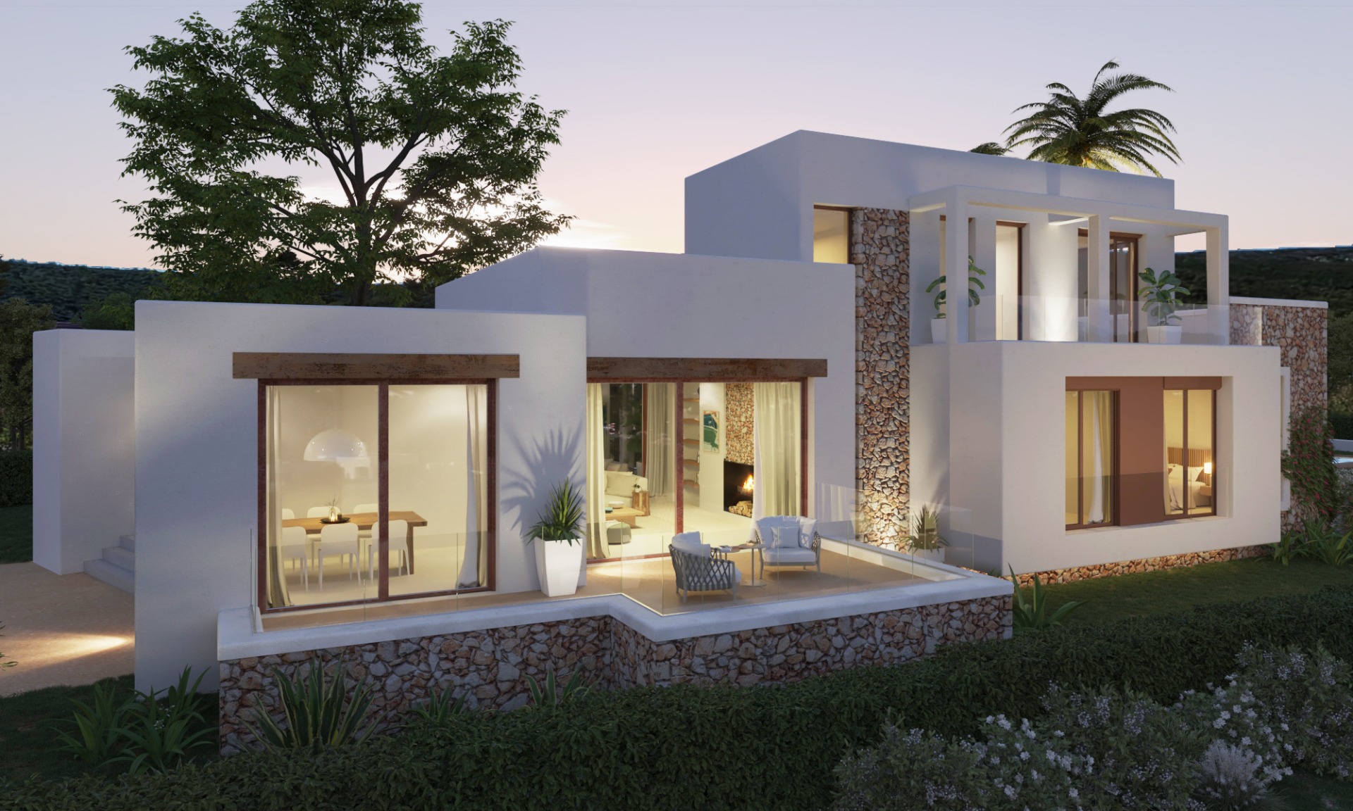 Außenansicht der modernen mediterranen Villa bei Dämmerung mit weißen Fassaden, Natursteinmauern und großen Glasfronten mit Holzelementen.