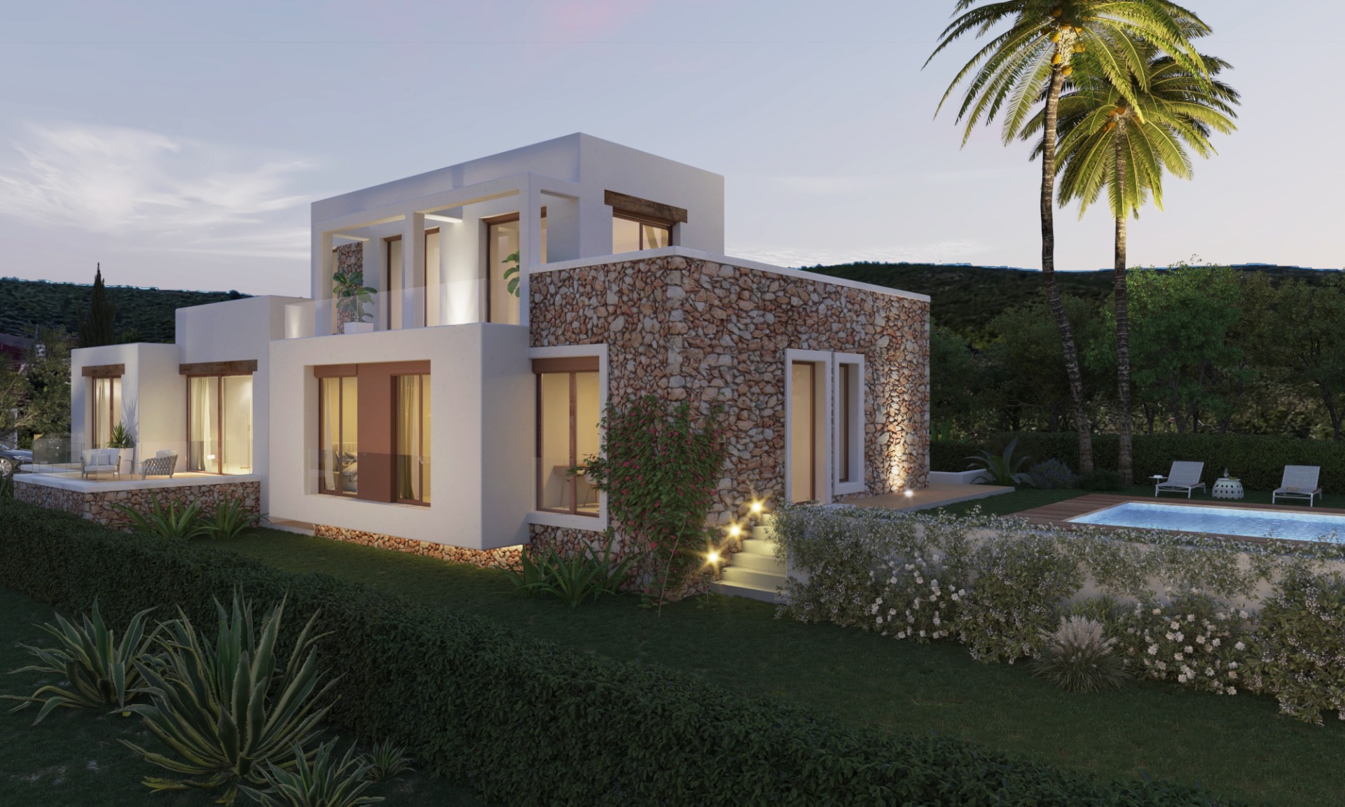 Außenansicht einer modernen mediterranen Villa mit Natursteinwänden, weißem Putz, integrierter Stufenbeleuchtung, privatem Pool mit Holzdeck und angelegtem Garten.
