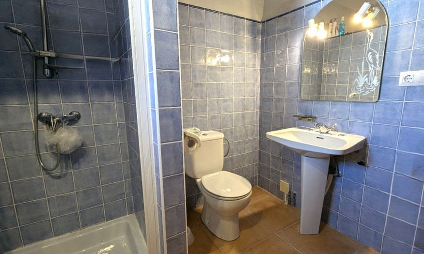 Funktionales Badezimmer mit blauen Wandfliesen, begehbarer Dusche, Säulenwaschbecken und einem Rundbogenspiegel mit dekorativer Gravur und integrierter Beleuchtung.
