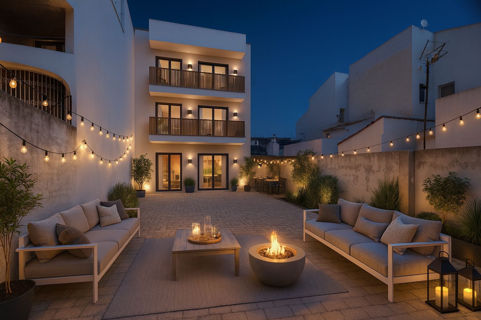 Gepflasterter Innenhof mit Loungebereich, Feuerschale und Lichterketten. Die weiße Gebäudefassade verfügt über moderne Balkone und großzügige Glastüren.