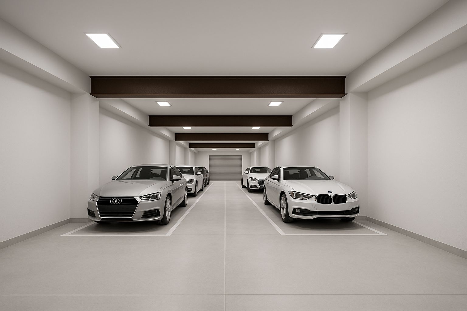 Großzügige Tiefgarage mit sichtbaren Stahlträgern, LED-Einbauleuchten und markierten Stellplätzen für mehrere Fahrzeuge in minimalistischem Design.