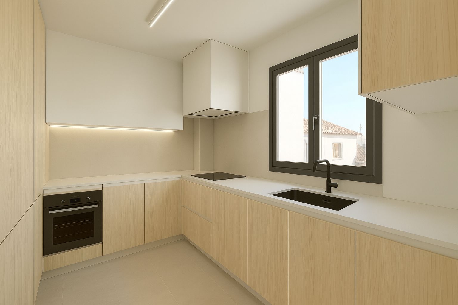 Minimalistische Küche mit hellen Holzfronten, weißer Arbeitsplatte und schwarzen Armaturen. Integrierte LED-Beleuchtung und ein Fenster sorgen für ein helles Ambiente.