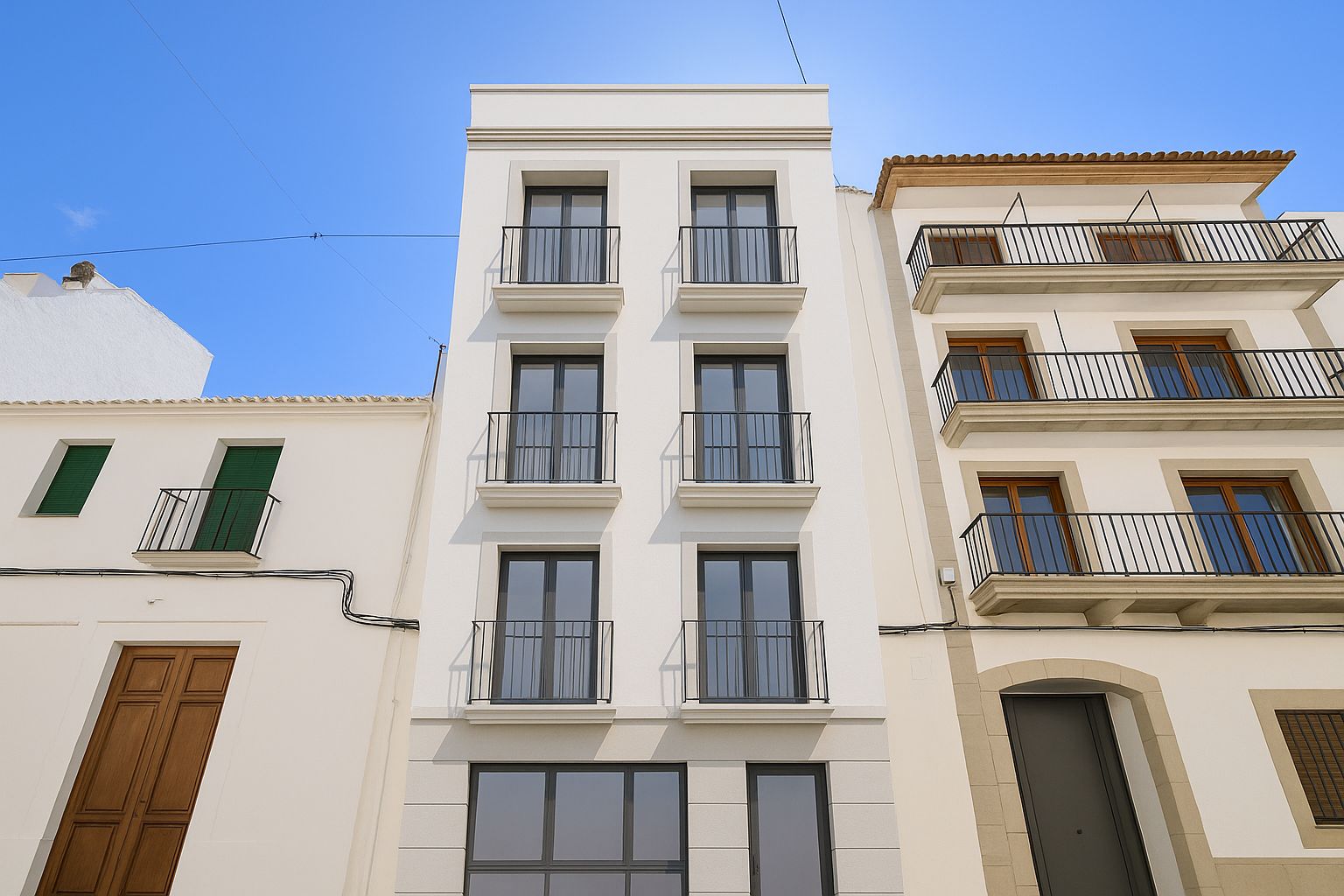 Vierstöckige Außenfassade mit schwarzen schmiedeeisernen Balkonen und großen Fenstern im Erdgeschoss im historischen Zentrum von Jávea.
