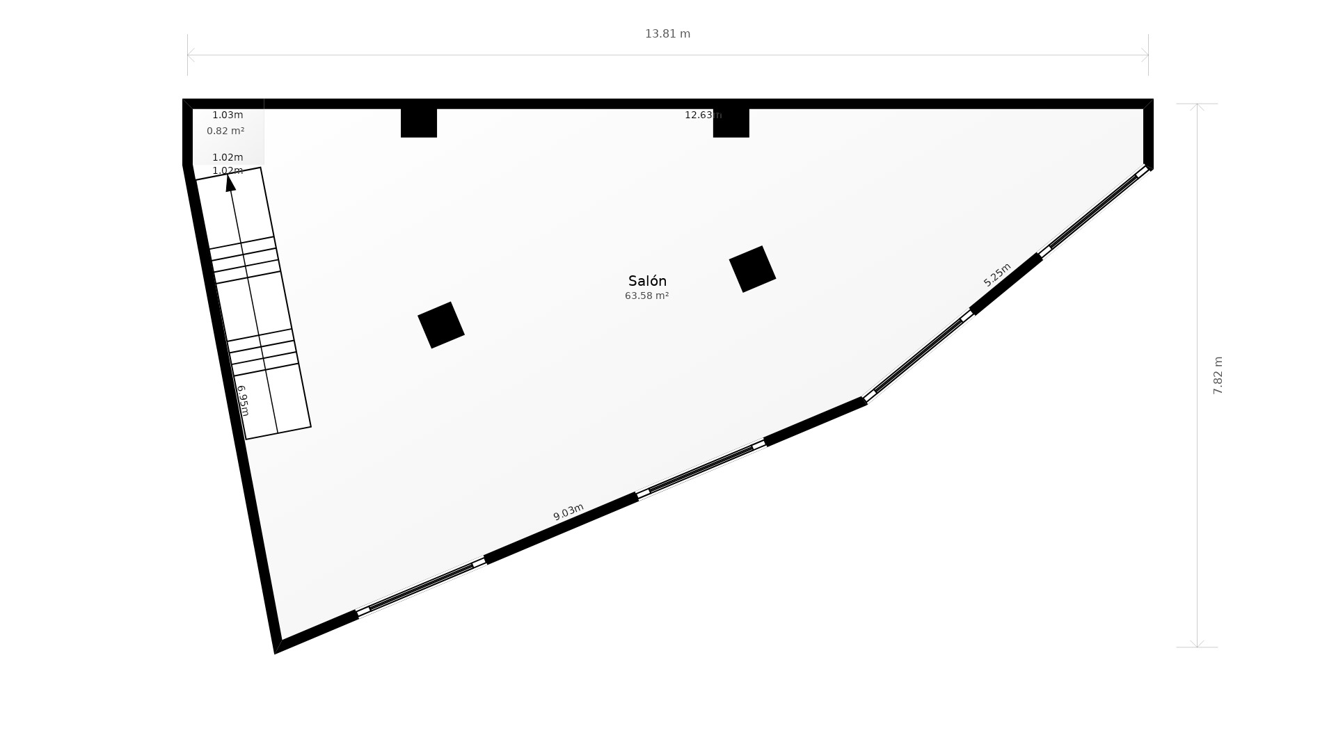 Detaillierter Grundriss des 63,58 m² großen Wohnbereichs mit unregelmäßigem Layout, strukturellen Säulen, Treppenzugang und großen Fensterfronten.
