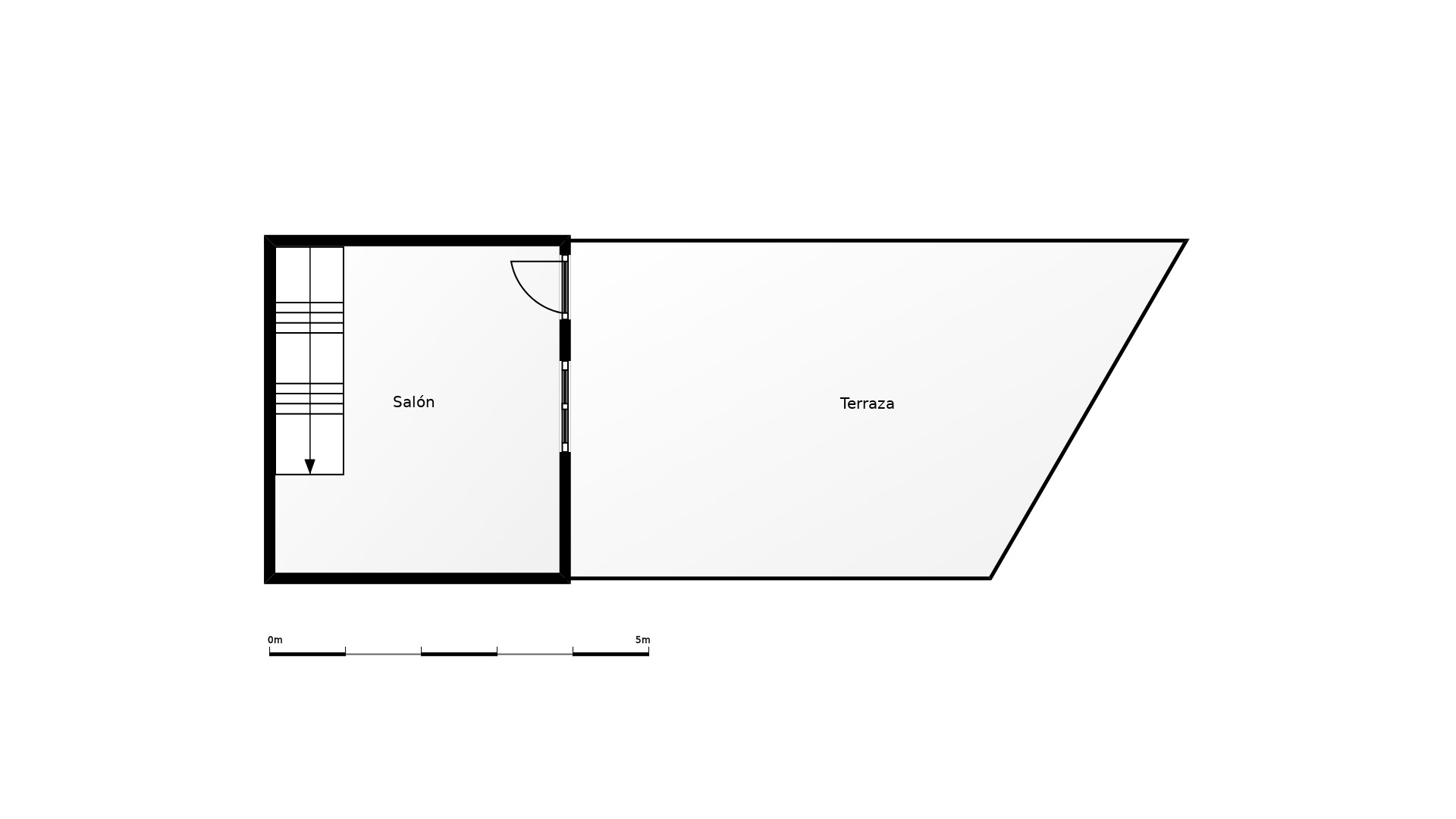 Detaillierter Grundriss des Obergeschosses, der die Aufteilung des Wohnzimmers mit Treppenhaus und direktem Zugang zur großen Terrasse zeigt.