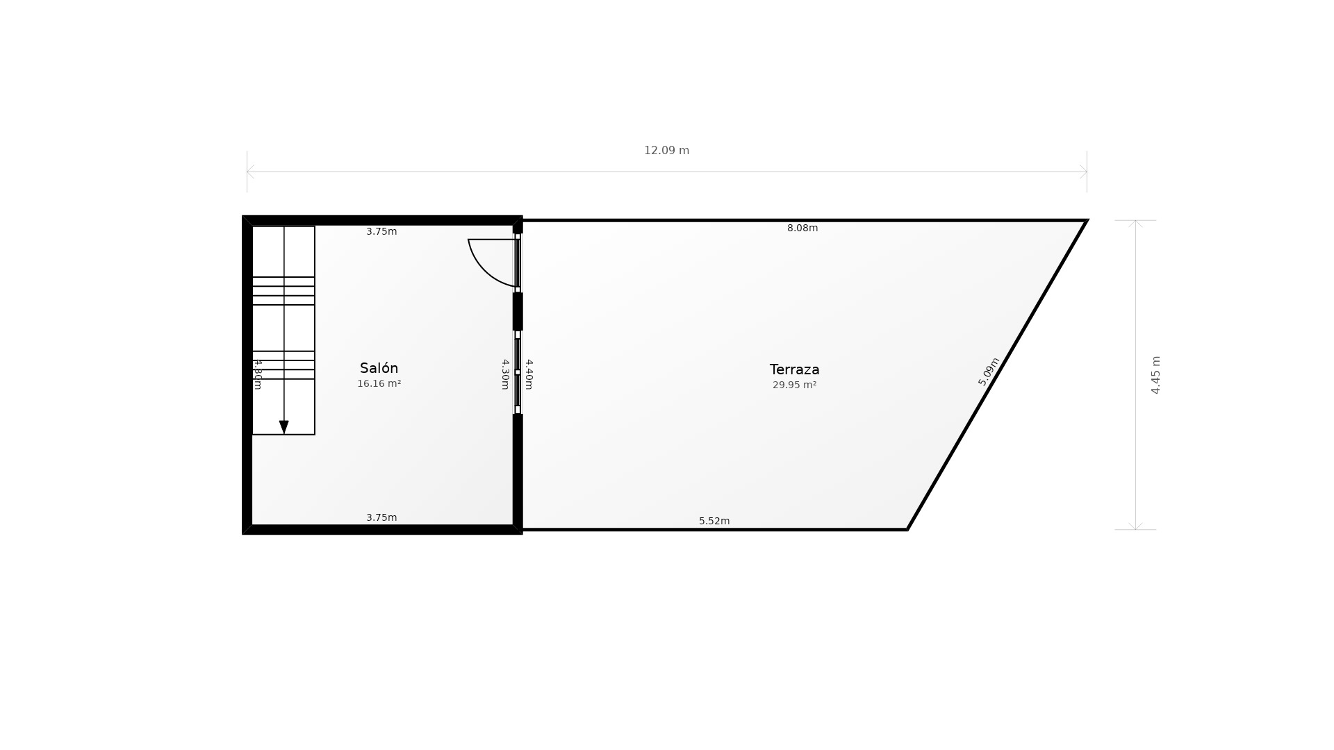 Detaillierter Grundriss des Obergeschosses mit einem 16,16 m² großen Wohnbereich und einer großzügigen 29,95 m² großen Außenterrasse.