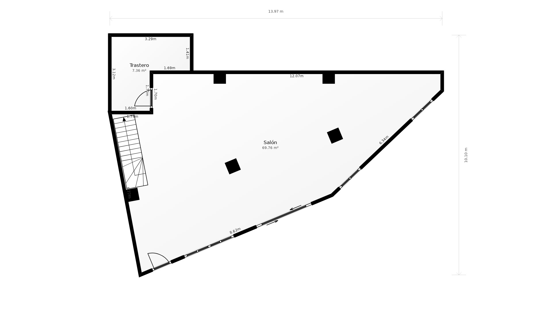 Detaillierter technischer Grundriss der Hauptebene mit einem 69,76 m² großen Wohnbereich, einem Abstellraum und dem eingezeichneten Treppenaufgang.