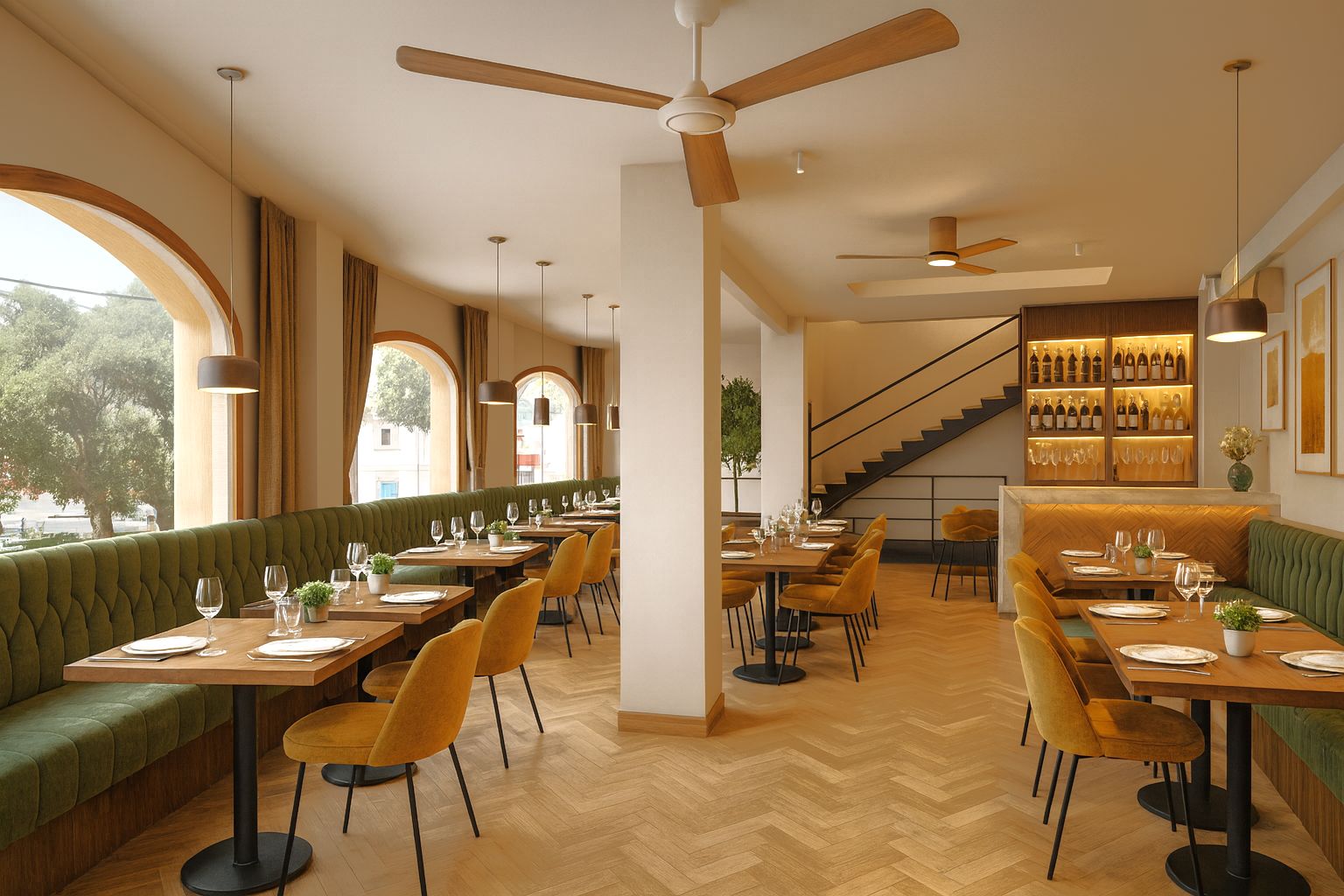 Hauptsaal mit Rundbogenfenstern, Fischgrätparkett, grünen Polsterbänken und einer modernen Treppe, die in das Obergeschoss führt.