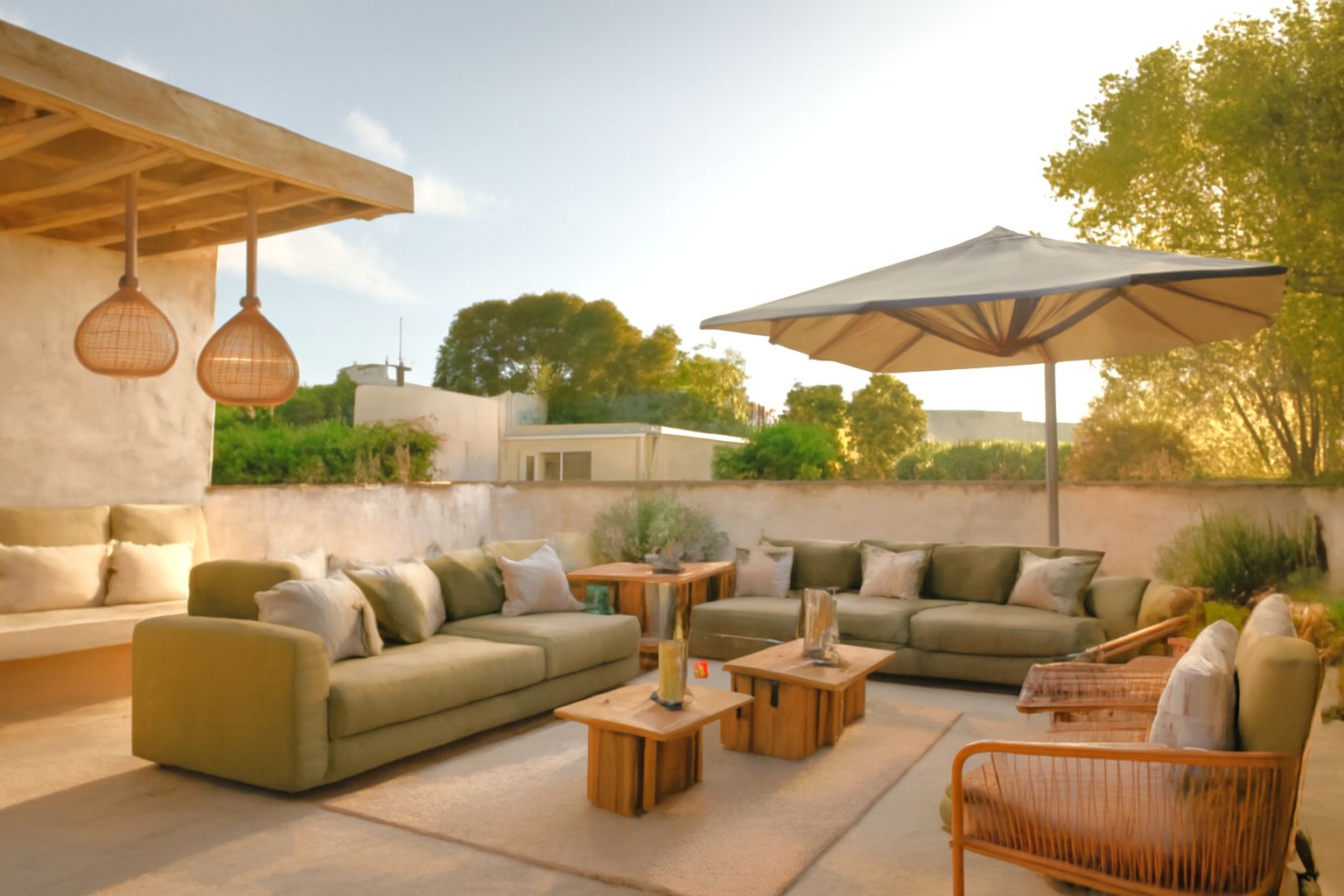 Obere Terrasse mit Chill-out-Bereich, olivgrünen Sofas, Naturholztischen und Korbpendelleuchten unter einer rustikalen Holzpergola.