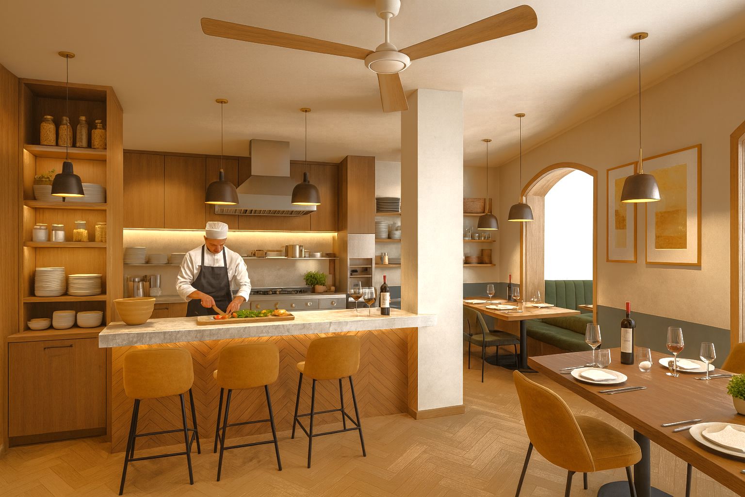 Offene Designerküche mit Marmortheke, Holzverkleidung im Fischgrätmuster und integriertem Essbereich mit warmen Pendelleuchten und Parkettboden.