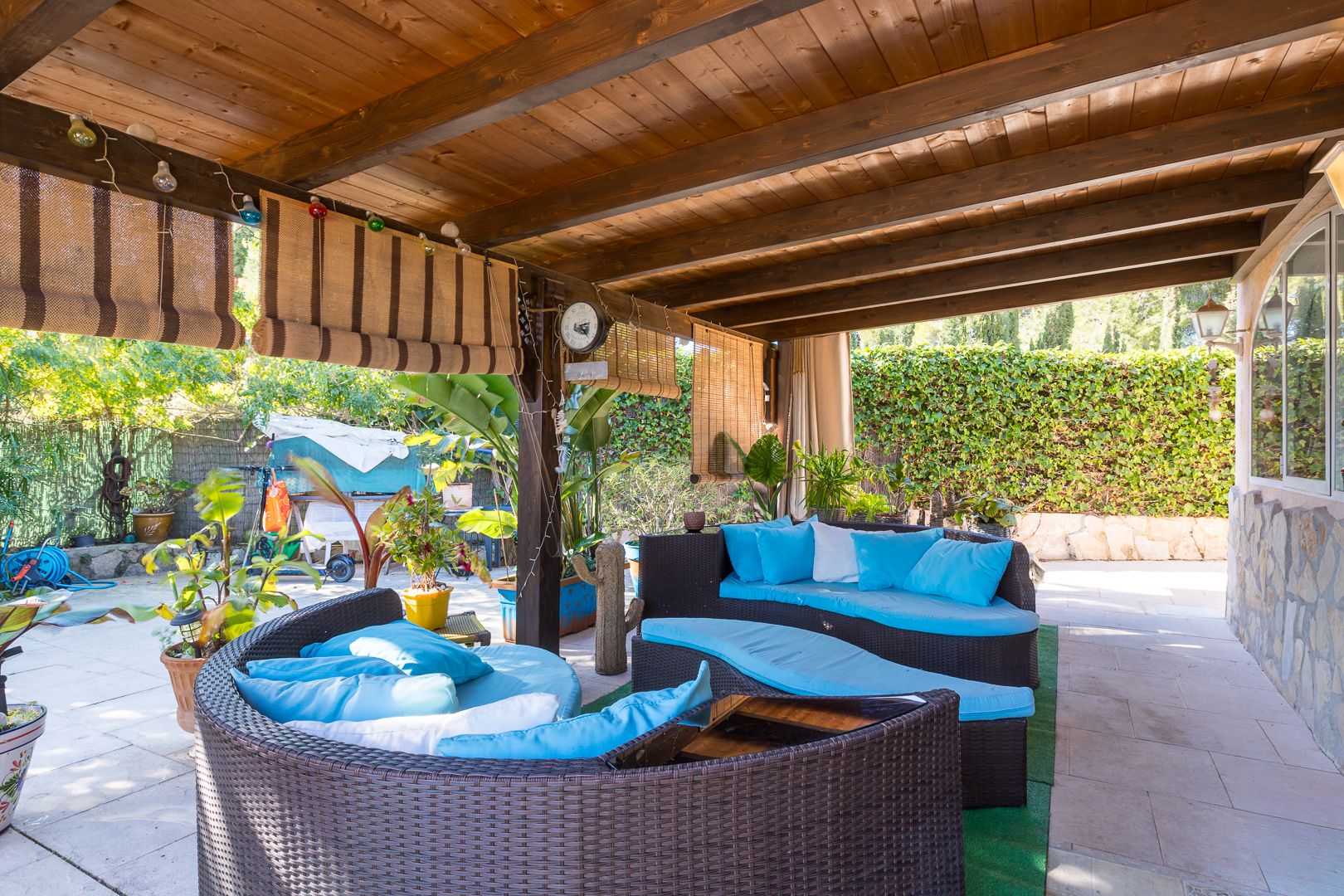 Überdachte Terrasse mit dunkler Holzpergola, geschwungenen Rattan-Loungemöbeln mit blauen Kissen und Bambusrollos vor einem gepflegten Gartenhintergrund.