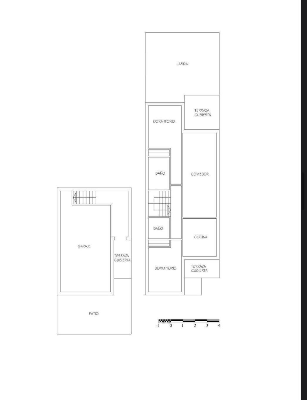 Detaillierter Grundriss, der die Aufteilung von Garage, zwei Schlafzimmern, zwei Bädern, offener Küche mit Essbereich und Zugang zum privaten Garten zeigt.