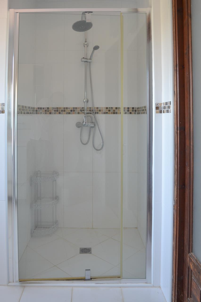 Moderne begehbare Dusche mit Glastür, Regenduschkopf und dekorativer Mosaikbordüre in Erdtönen auf weißen Fliesen.