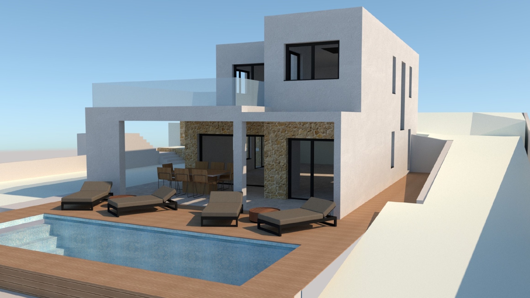 Außenansicht einer modernen Villa mit rechteckigem Pool, Holzterrasse, überdachtem Essbereich und weißer Fassade mit Natursteinakzenten.