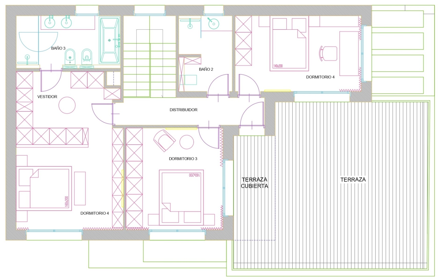 Detaillierter architektonischer Grundriss des Obergeschosses mit drei Schlafzimmern, zwei Bädern, Ankleidezimmer und einer großen Terrasse mit überdachtem Teil.