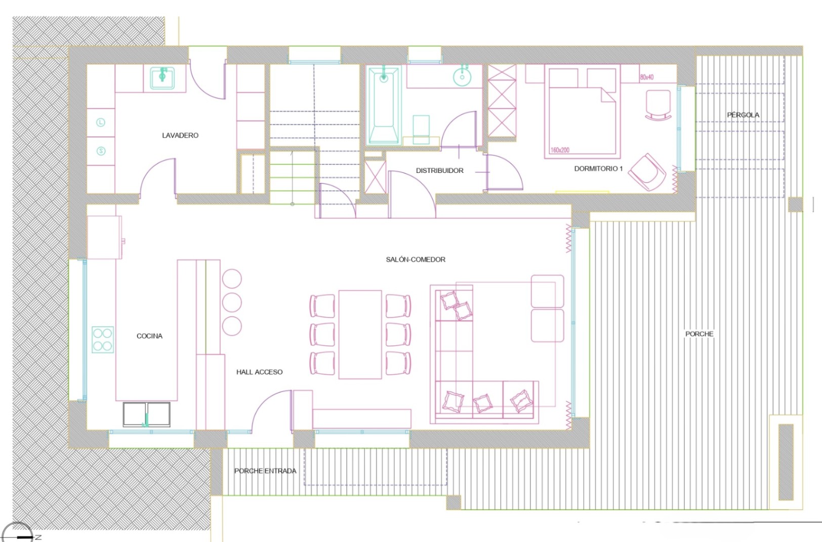 Technischer Grundriss des Erdgeschosses mit offenem Wohn-Essbereich, Küche, Waschküche, einem Schlafzimmer und einer großzügigen, umlaufenden Veranda mit Pergola-Bereich.