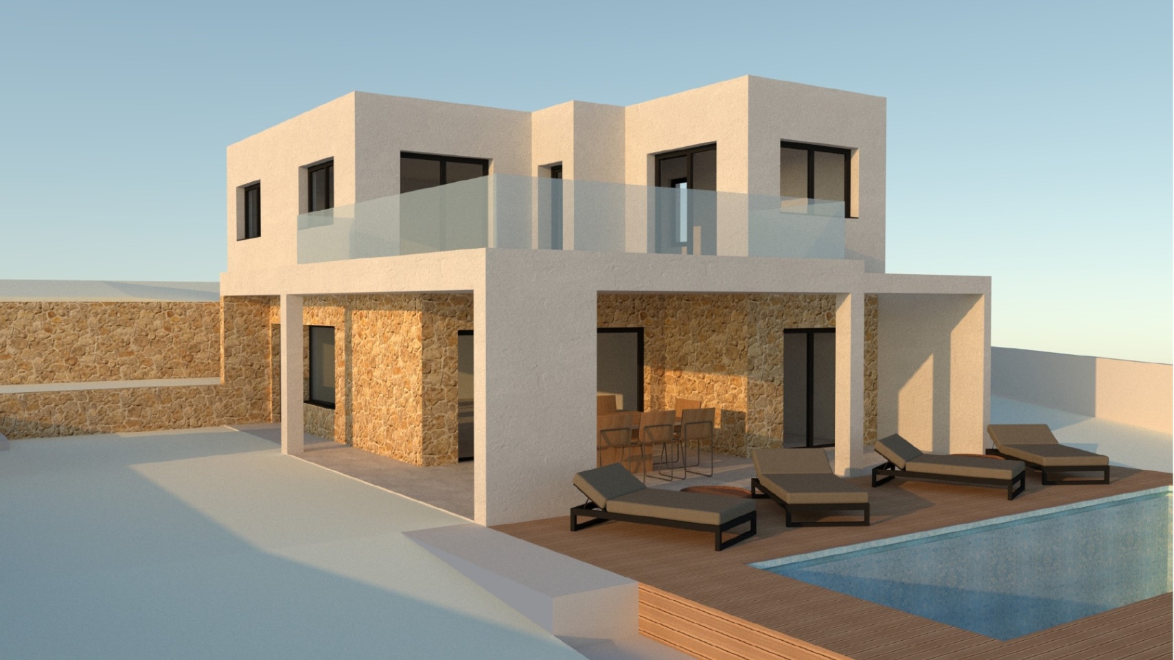 Visualisierung einer modernen Villa mit Natursteinwänden, Pool mit Holzdeck und einer großen Terrasse im Obergeschoss mit Glasgeländer.