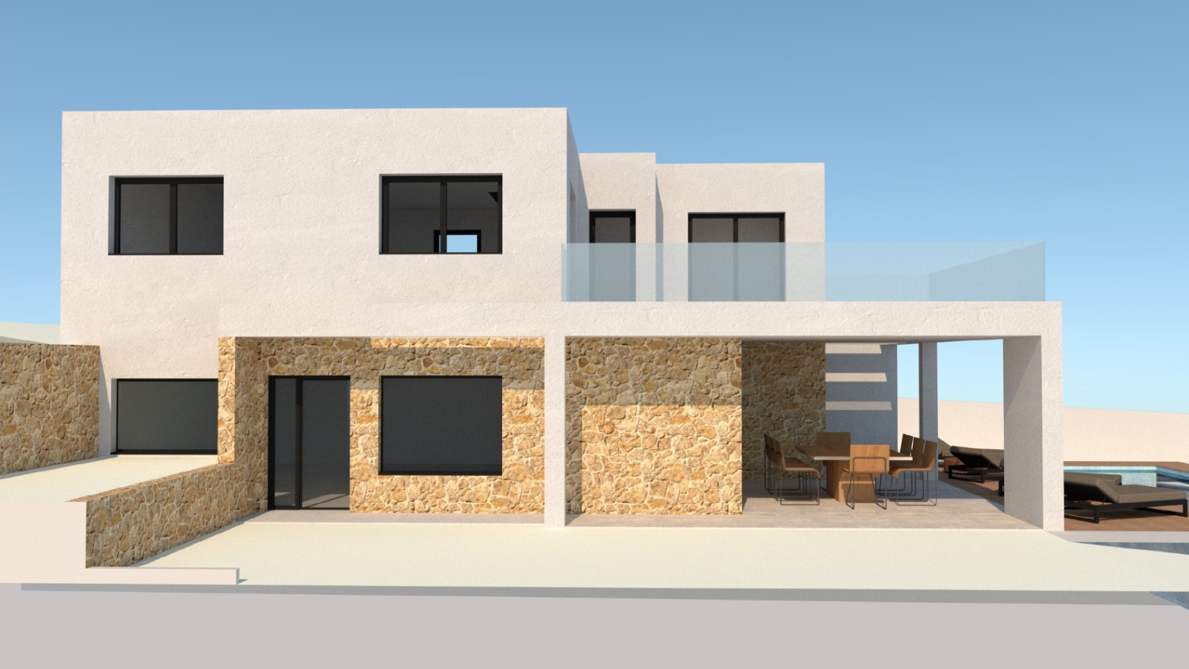Zeitgenössische Fassade aus Naturstein und weißem Putz mit einer überdachten Terrasse für den Essbereich sowie modernen Glasgeländern im Obergeschoss.