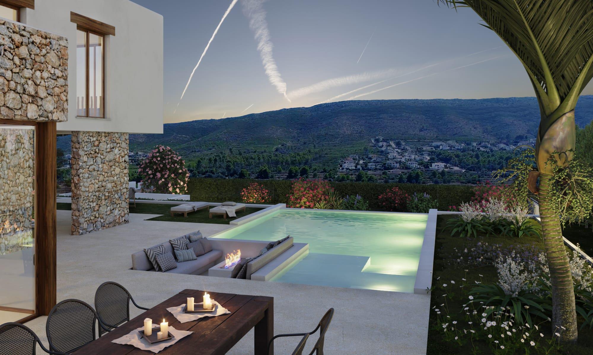 Außenbereich mit beleuchtetem Infinity-Pool, versunkener Lounge mit Feuerstelle und Essplatz mit Panoramablick über das Tal und die umliegenden Berge.