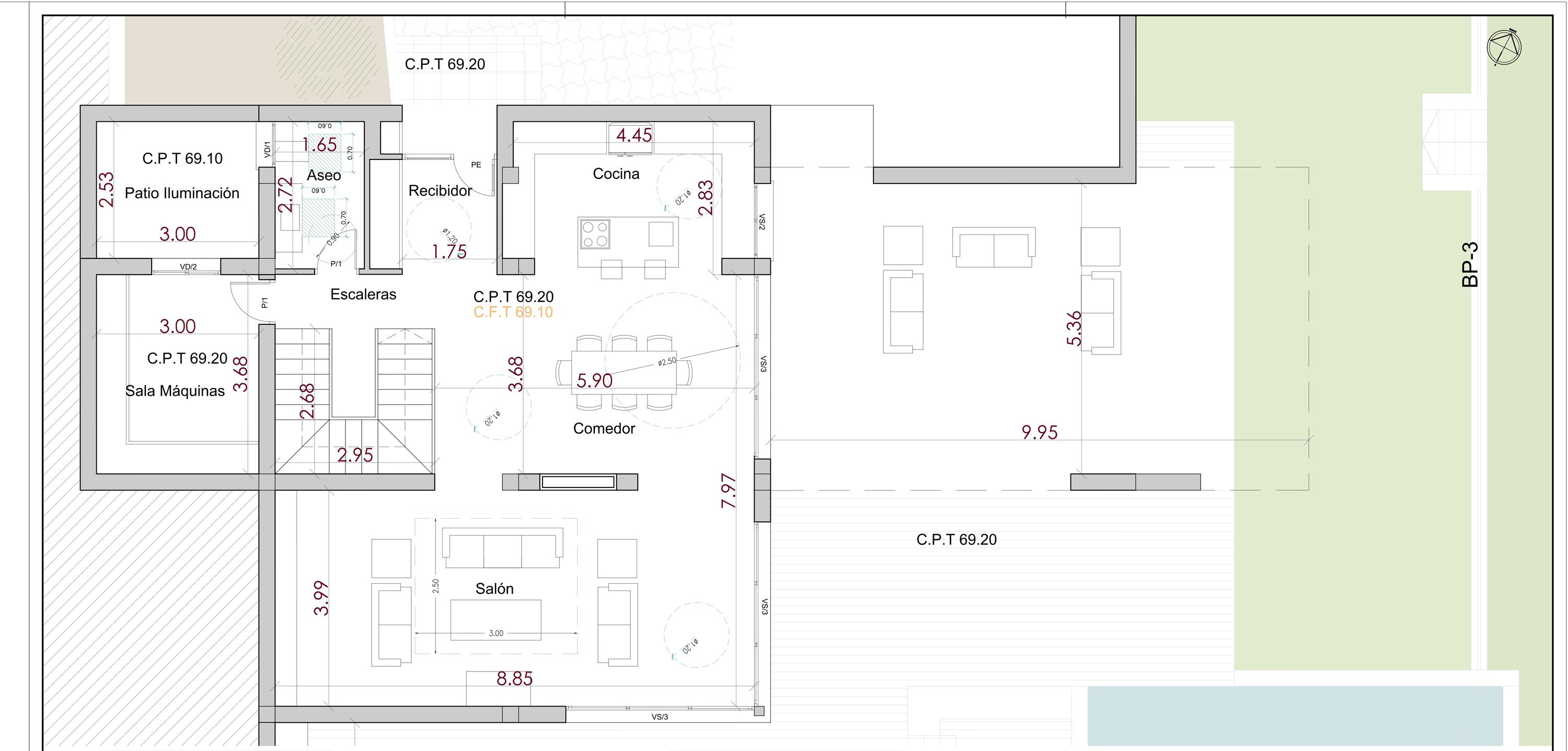 Technischer Grundriss des Hauptgeschosses mit Darstellung von Wohn-Essbereich, Küche, Gäste-WC und den weitläufigen Außen-Terrassenflächen.