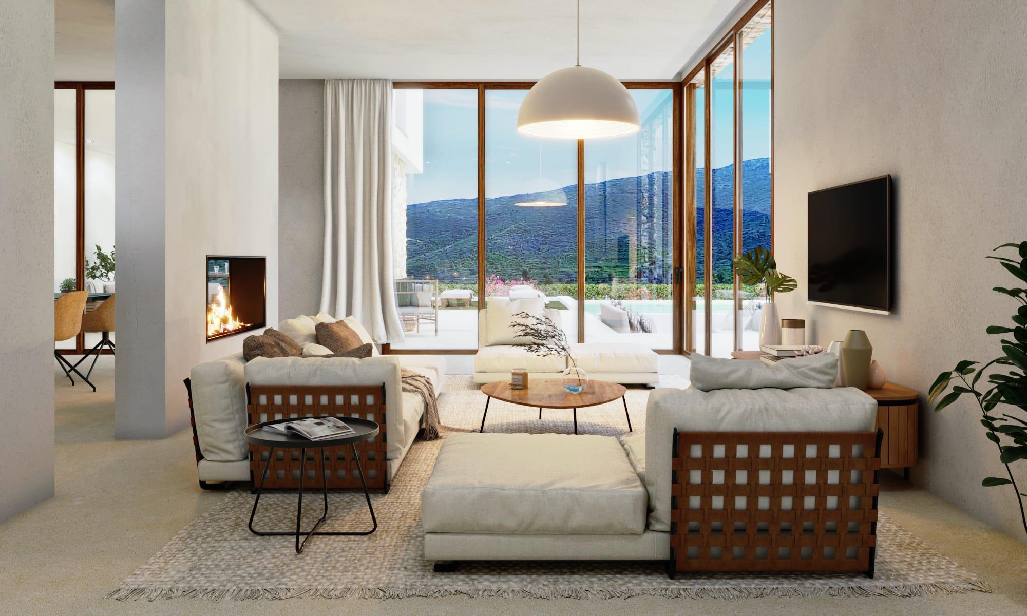 Wohnzimmer im ibizenkischen Stil mit integriertem Kamin, Designermöbeln und bodentiefen Holzfenstern mit Blick auf das Tal und den Poolbereich.