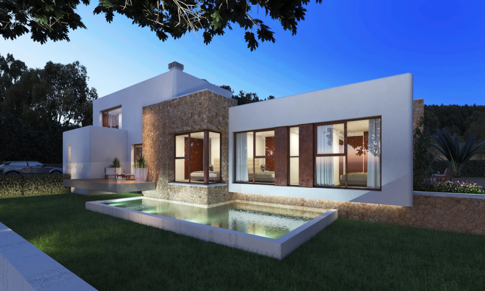 Fassade im Ibiza-Stil mit Natursteinwänden, großen beleuchteten Fenstern und einem dekorativen Teich im Gartenbereich.