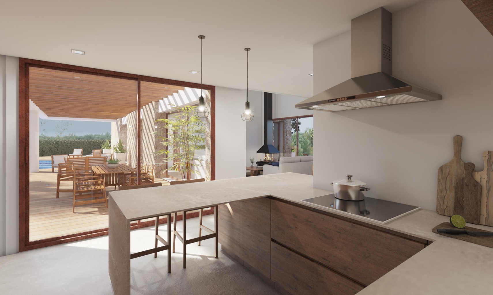 Moderne Küche mit Steintheke und dunklen Holzschränken, die durch große Glasschiebetüren direkt auf eine Holzterrasse führt.