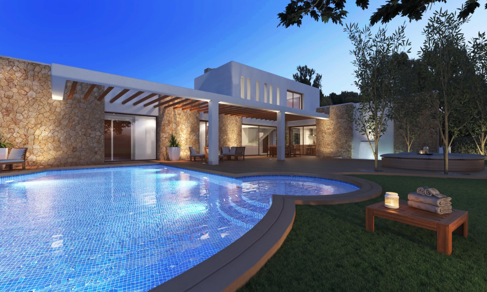Nachtansicht des beleuchteten Pools und der Natursteinfassade mit Holzpergolen und großen Glasfronten in einer Villa im ibizenkischen Stil.