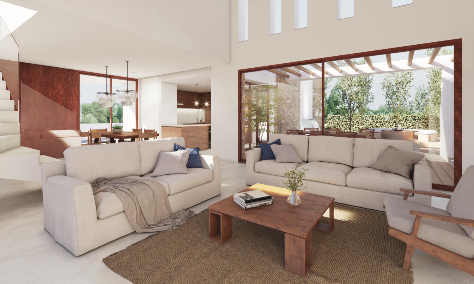 Offener Wohnbereich mit bodentiefen Fenstern, neutralen Sofas und direktem Zugang zur Terrasse. Hohe Decken und Holzelemente verbinden Wohn-, Ess- und Küchenbereich harmonisch.