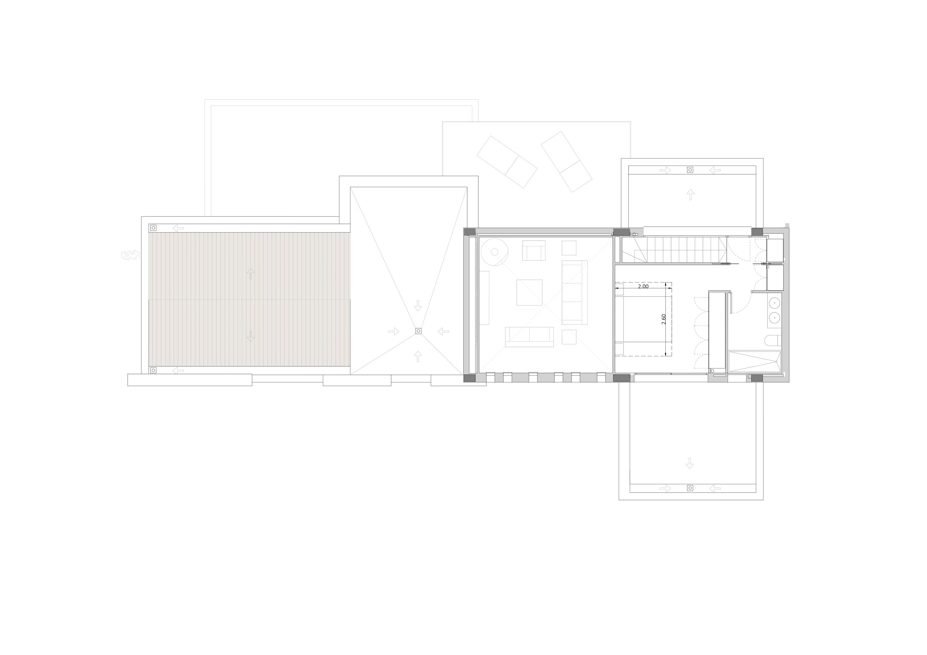 Technischer Grundriss des Obergeschosses mit Darstellung des Hauptschlafzimmers, Ankleidezimmers, En-Suite-Bads und der angrenzenden Terrassenflächen.
