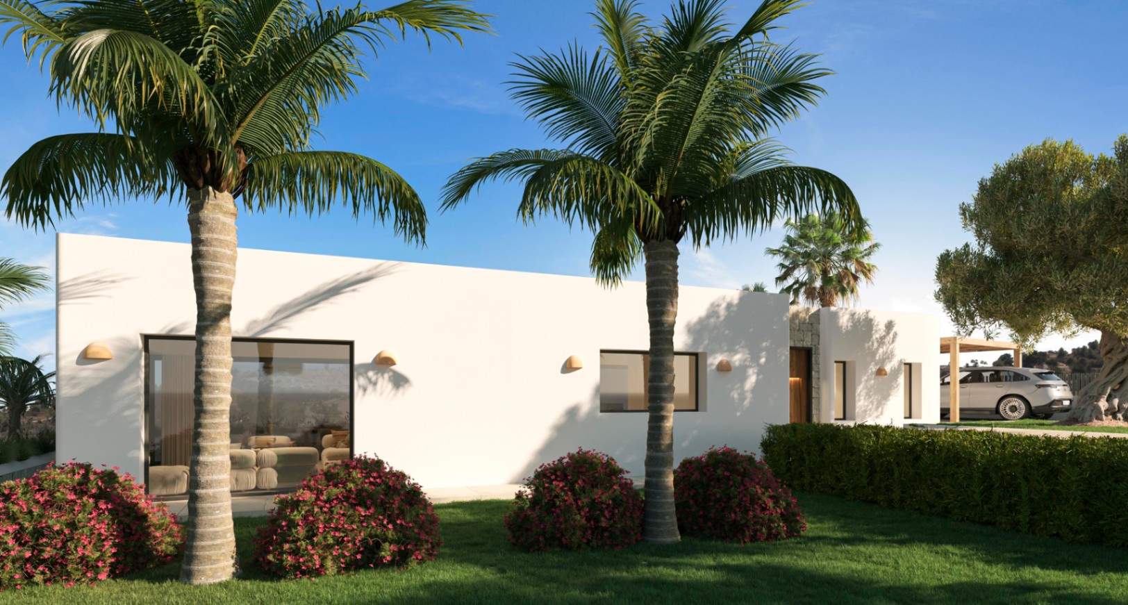 Minimalistische weiße Fassade mit großen Fensterfronten und Keramik-Wandleuchten, eingebettet in einen Garten mit Palmen und seitlichem Carport.