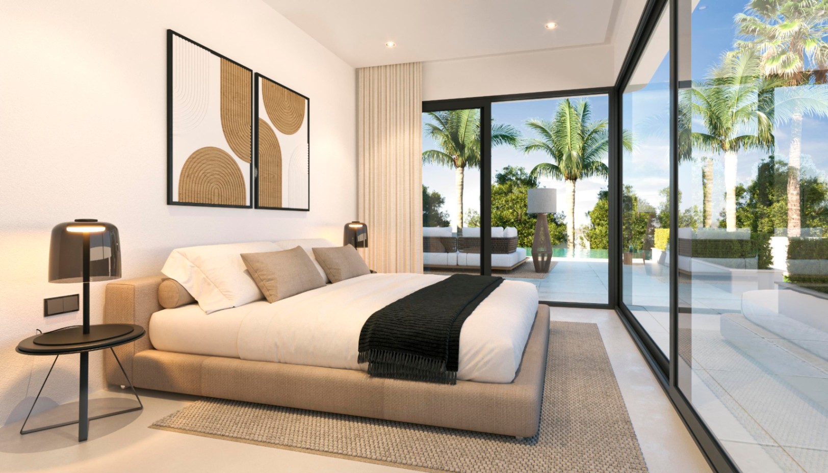Minimalistisches Hauptschlafzimmer mit bodentiefen Glasschiebetüren, die direkten Zugang zur Poolterrasse und Blick auf den Garten mit Palmen bieten.