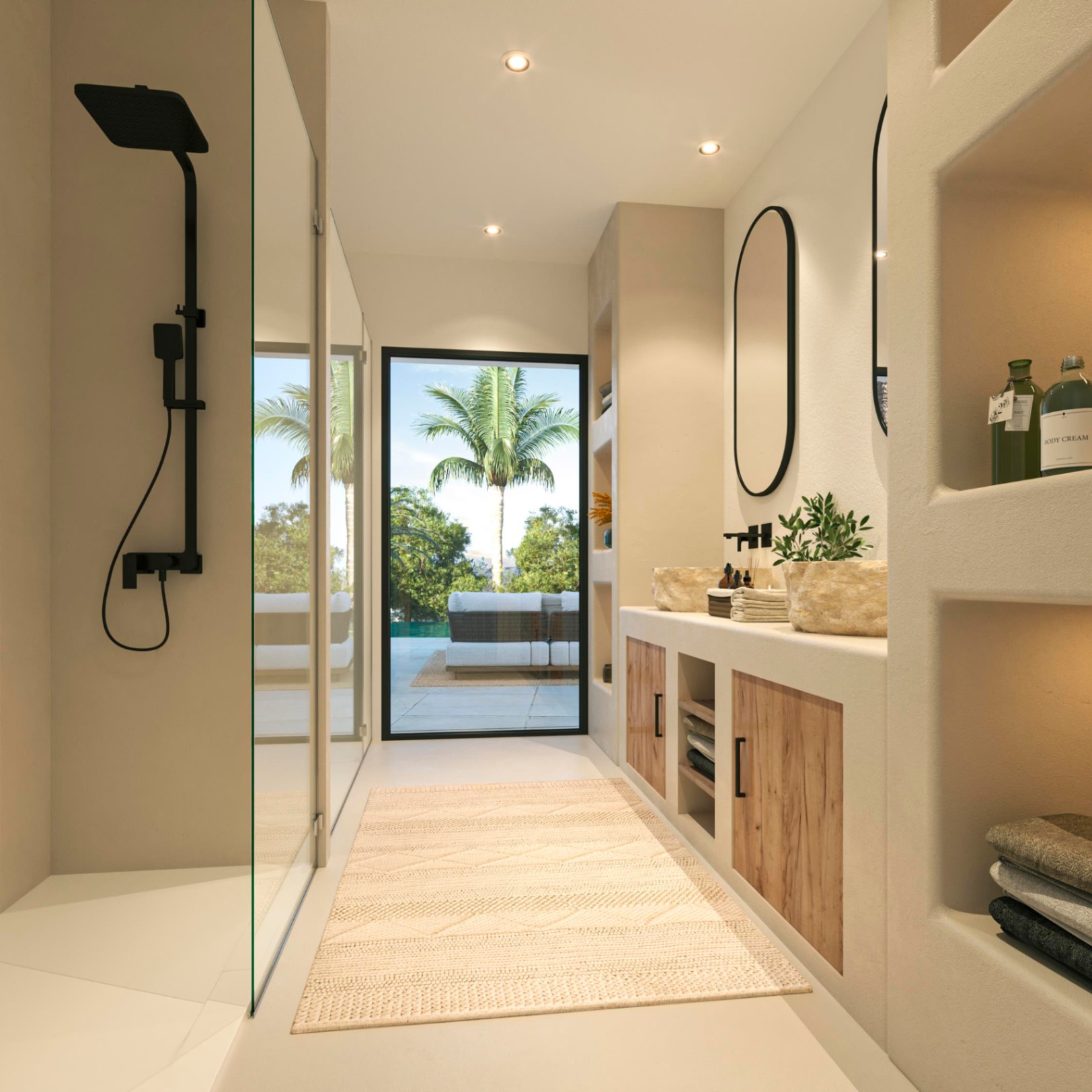 Modernes Badezimmer mit Steinwaschbecken, schwarzen Armaturen und begehbarer Dusche. Ein bodentiefes Fenster ermöglicht den direkten Zugang zur sonnigen Terrasse.
