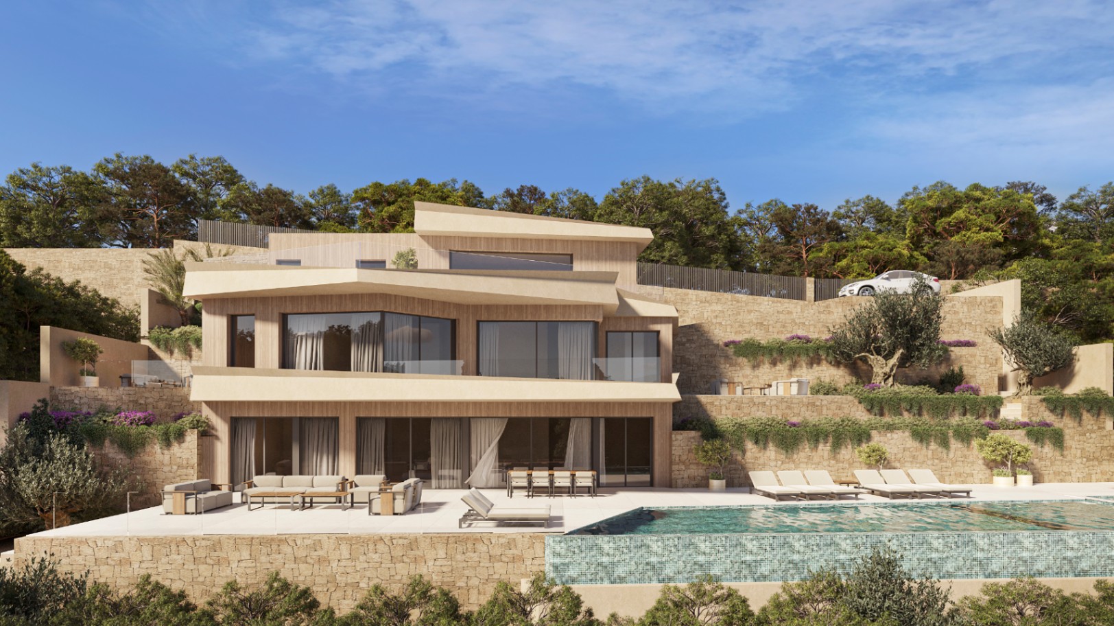 Außenansicht der modernen Villa mit Holzoptik-Fassade, Infinity-Pool, großzügigen Terrassen mit Lounge-Möbeln und terrassierten Gärten mit Natursteinmauern.