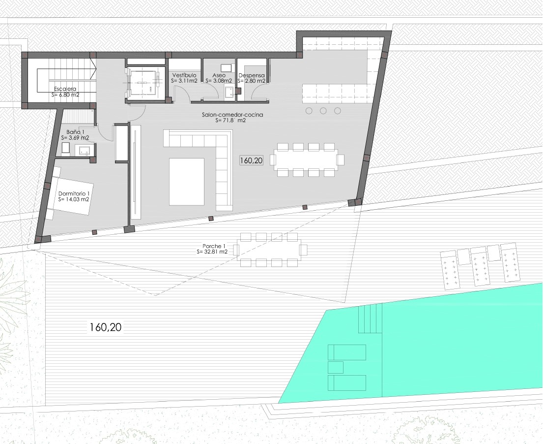 Detaillierter Grundriss des Erdgeschosses mit einem 71 m² großen offenen Wohn-Essbereich, Schlafzimmer mit En-Suite-Bad und direktem Zugang zur Terrasse und zum Pool.