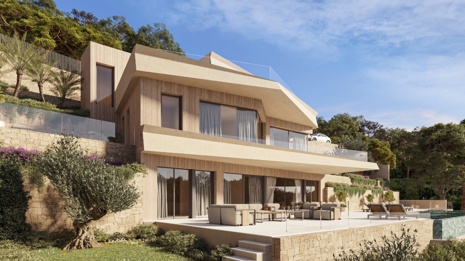 Mehrstöckige moderne Villa mit Holzfassade, Natursteinmauern, großzügiger Terrasse mit Lounge-Möbeln und einem in den Hang integrierten Infinity-Pool.