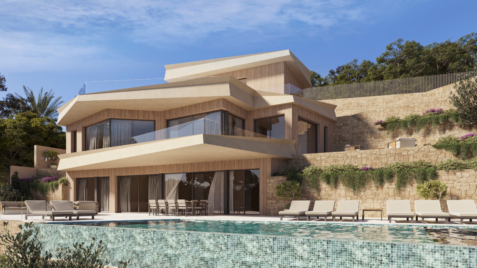 Moderne Außenansicht der Villa mit Infinity-Pool, Holzfassade und bodentiefen Fenstern. Natursteinmauern und Terrassen mit Glasgeländern prägen das architektonische Design.