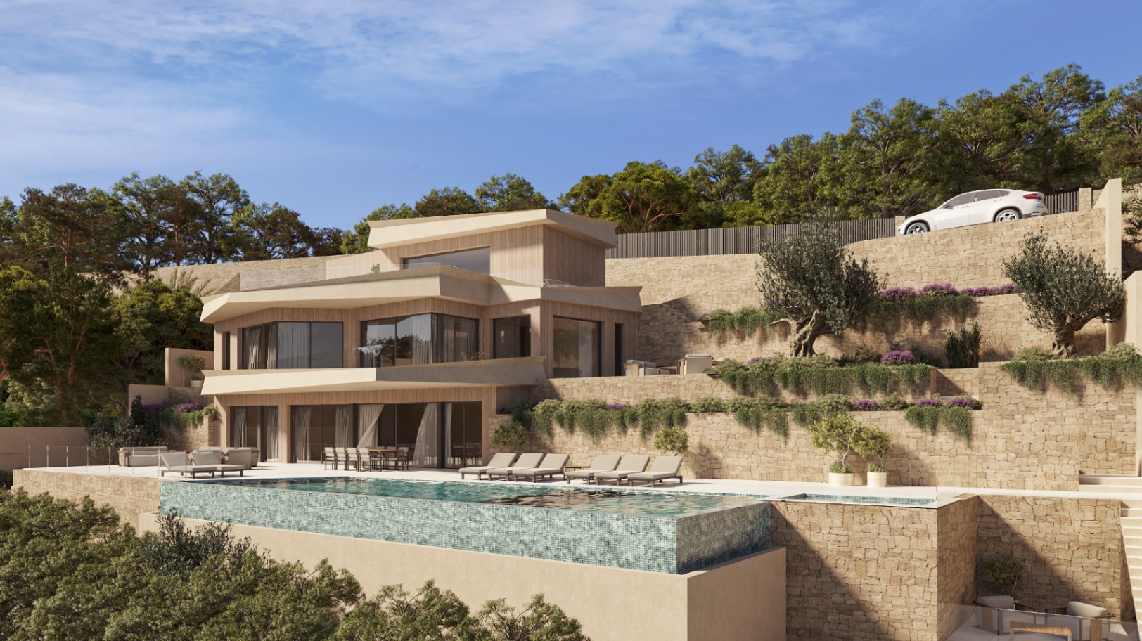 Moderne Villa mit Infinity-Pool, Natursteinmauern und terrassierten Gärten. Holzfassade und großzügige Glasfronten in Hanglage integriert.