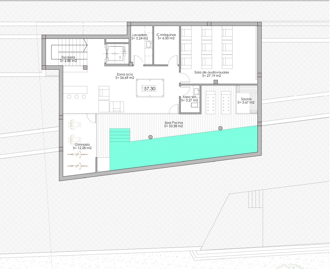 Technischer Grundriss des Kellergeschosses mit Aufteilung von Freizeitbereich, Heimkino, Fitnessraum, Sauna und dem 53,38 m2 großen Innenpool mit direktem Aufzugszugang.