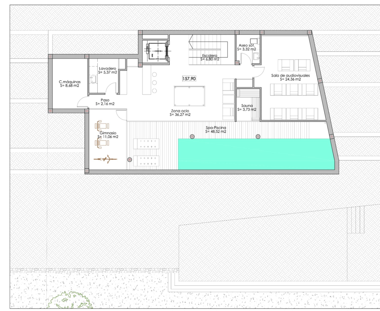 Architektonischer Plan des Untergeschosses mit Fitnessraum, Spa-Pool, Sauna und Multimedia-Raum.