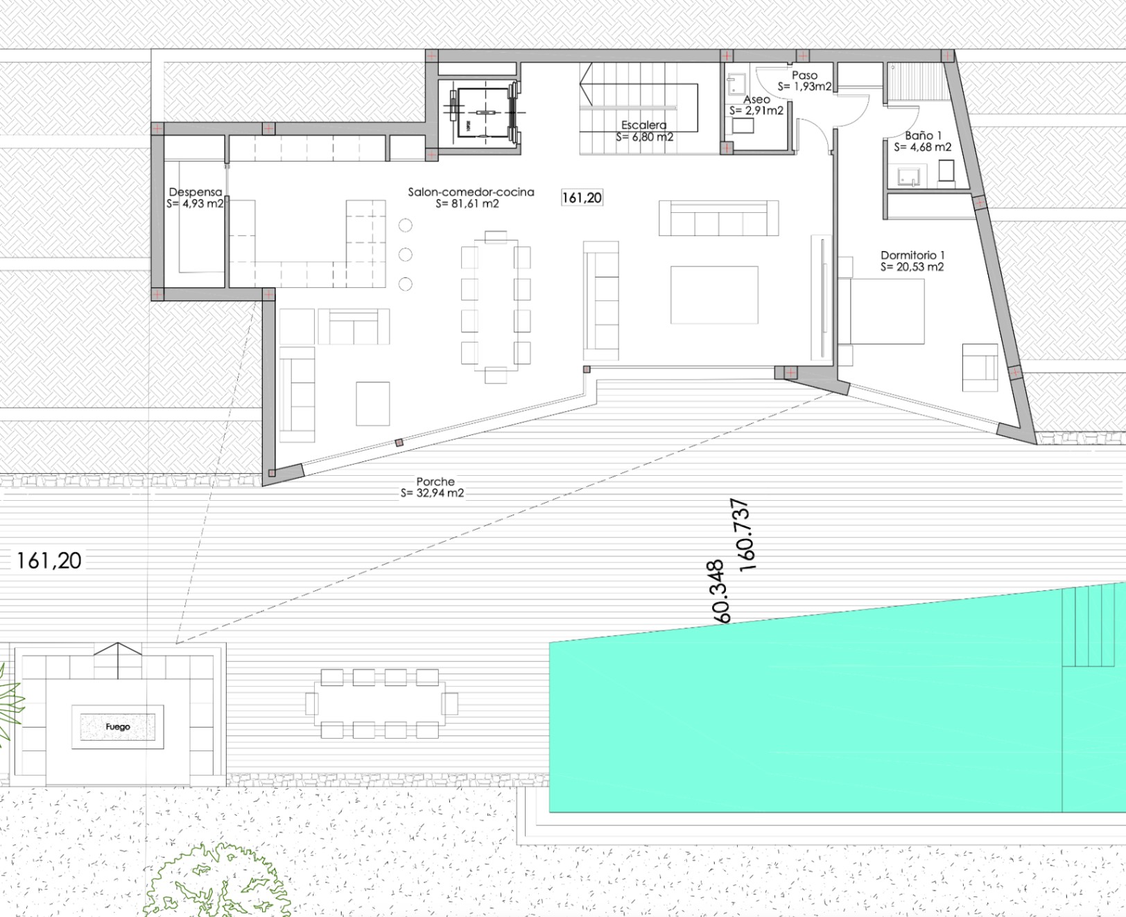 Architektonischer Plan einer Villa, der die Innen- und Außengestaltung einschließlich Pool und Garten zeigt.