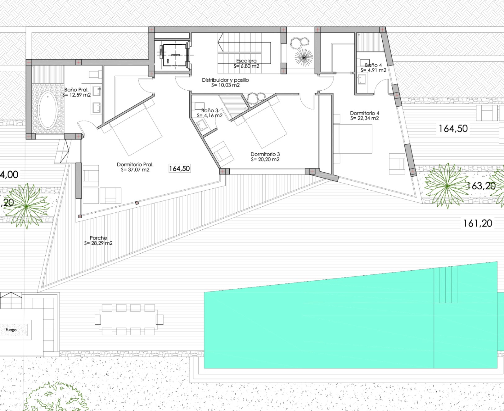 Architekturplan der Villa mit der Anordnung der Schlafzimmer, Badezimmer und des Außenpools.
