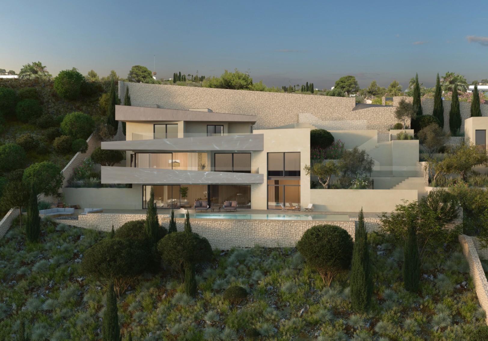 Außenansicht der Villa in Benissa. Modernes Design mit Pool und großzügigen, in die Landschaft integrierten Terrassen.