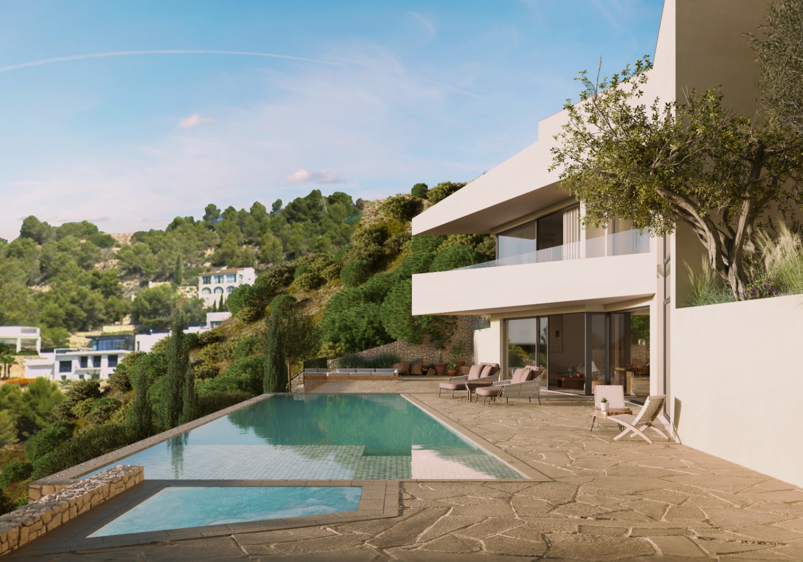 Außenansicht der Villa mit Infinity-Pool und Natursteinterrasse mit Gartenmöbeln.