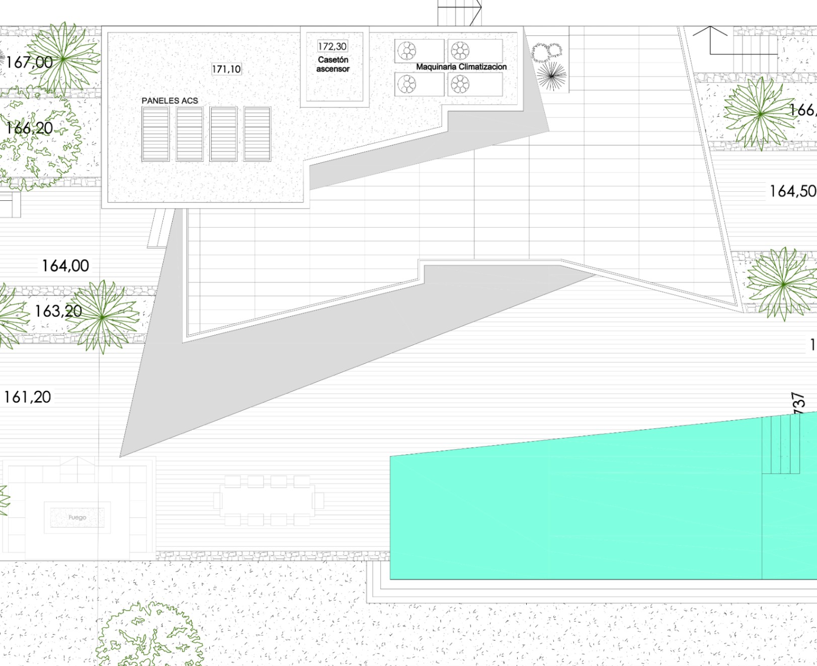 Draufsicht der Villa mit Pool, Gärten und Solarpaneelen.