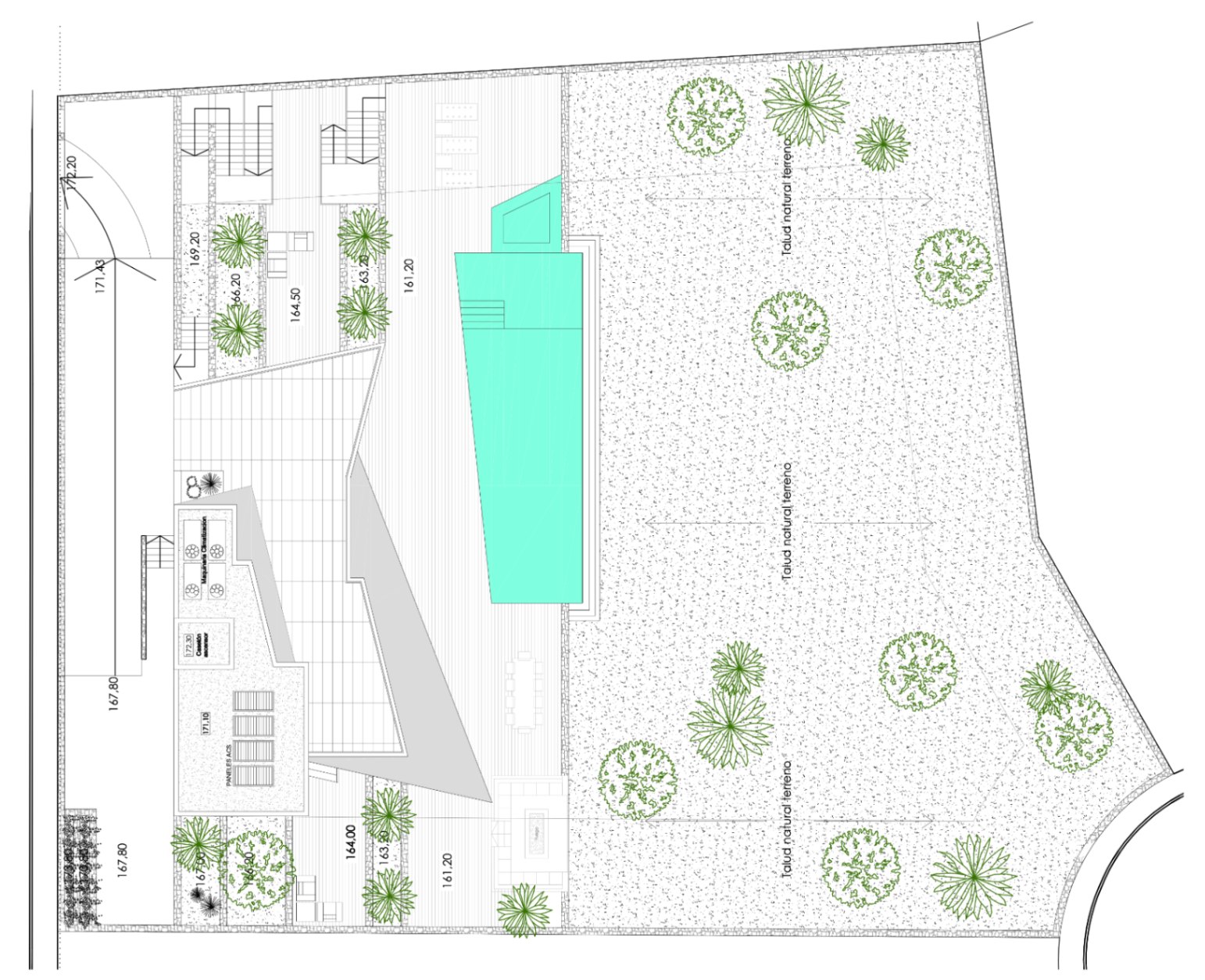 Draufsichtplan einer Villa mit Pool, Terrasse, mediterranem Garten und Grillbereich.