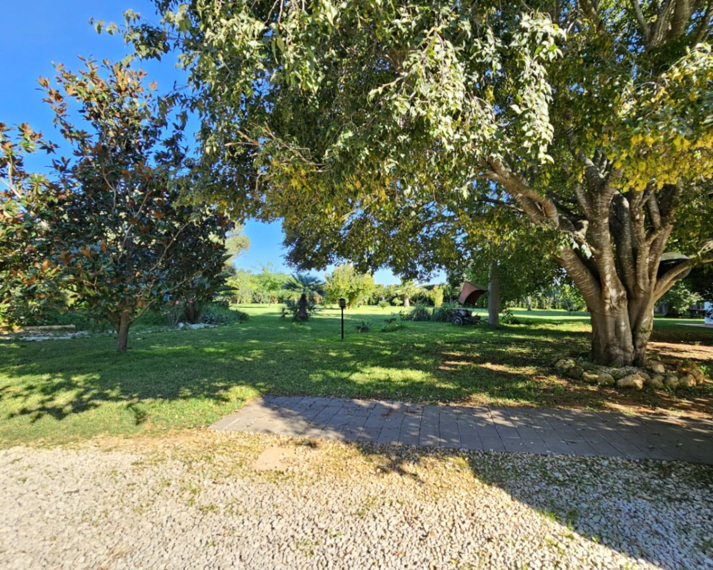 Gepflegter mediterraner Garten mit altem Baumbestand, weitläufigen Rasenflächen und harmonisch angelegten Kies- und Steinwegen.