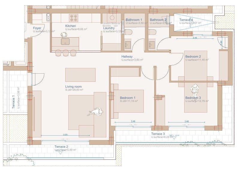 Detaillierter Grundriss der Wohnung mit drei Schlafzimmern, offenem Wohn-Essbereich, integrierter Küche und vier privaten Terrassen für maximalen Außenraum.